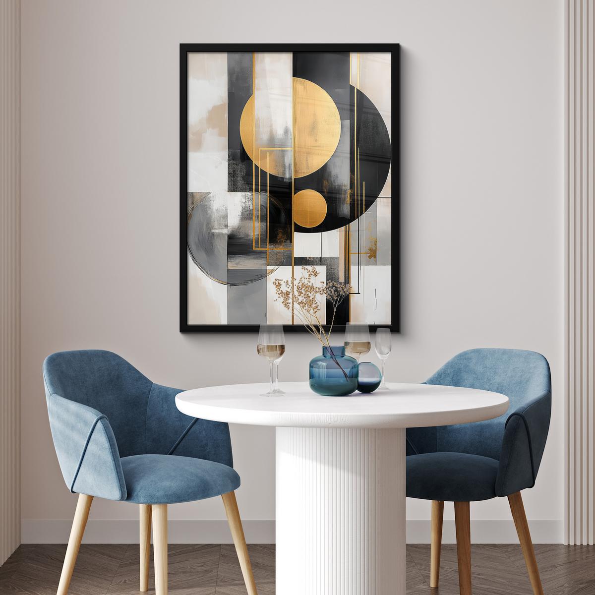 POSTER MIT RAHMENGERAHMTES BILD Abstrakt - Gold - Silber - Formen - Ästhetisch - Modern Posterleiste 60x80 cm - Goldfarben, Papier (60/80cm) - MuchoWow
