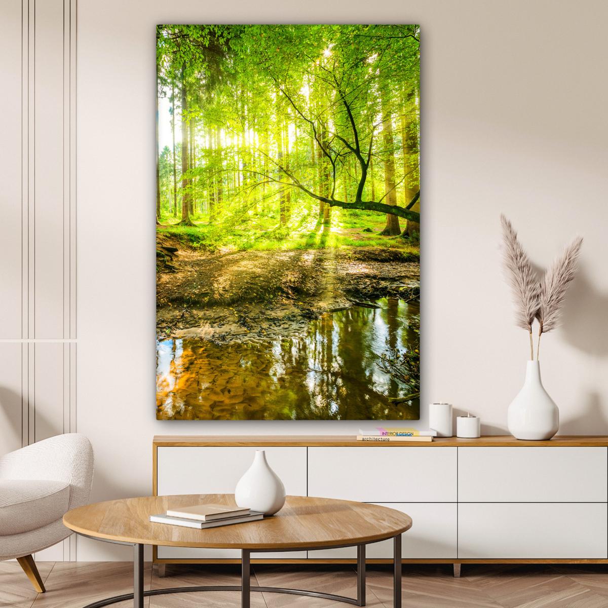 LEINWANDBILD Wald - Landschaft - Wasser - Bäume - Sonne - Grün - Natur Deko XXL 80x120 cm - Grün, Textil (80/120cm) - MuchoWow