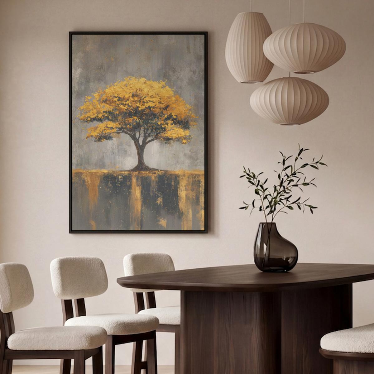LEINWAND Bilder mit Rahmen - Baum - Blätter - Gold - Abstrakt - 100x150 - Grau, Textil (100/150cm) - MuchoWow