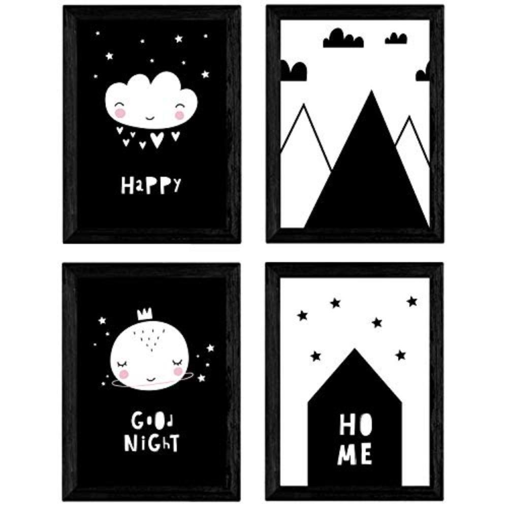 POSTER Set mit 4 „Casita, Mond, Berge und Wolken Herzen“ Tiere A3 Schwarzer Rahmen - Schwarz, Papier (29.7/3cm) - Nacnic