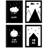 POSTER Set mit 4 „Casita, Mond, Berge und Wolken Herzen“ Tiere A3 Schwarzer Rahmen - Schwarz, Papier (29.7/3cm) - Nacnic