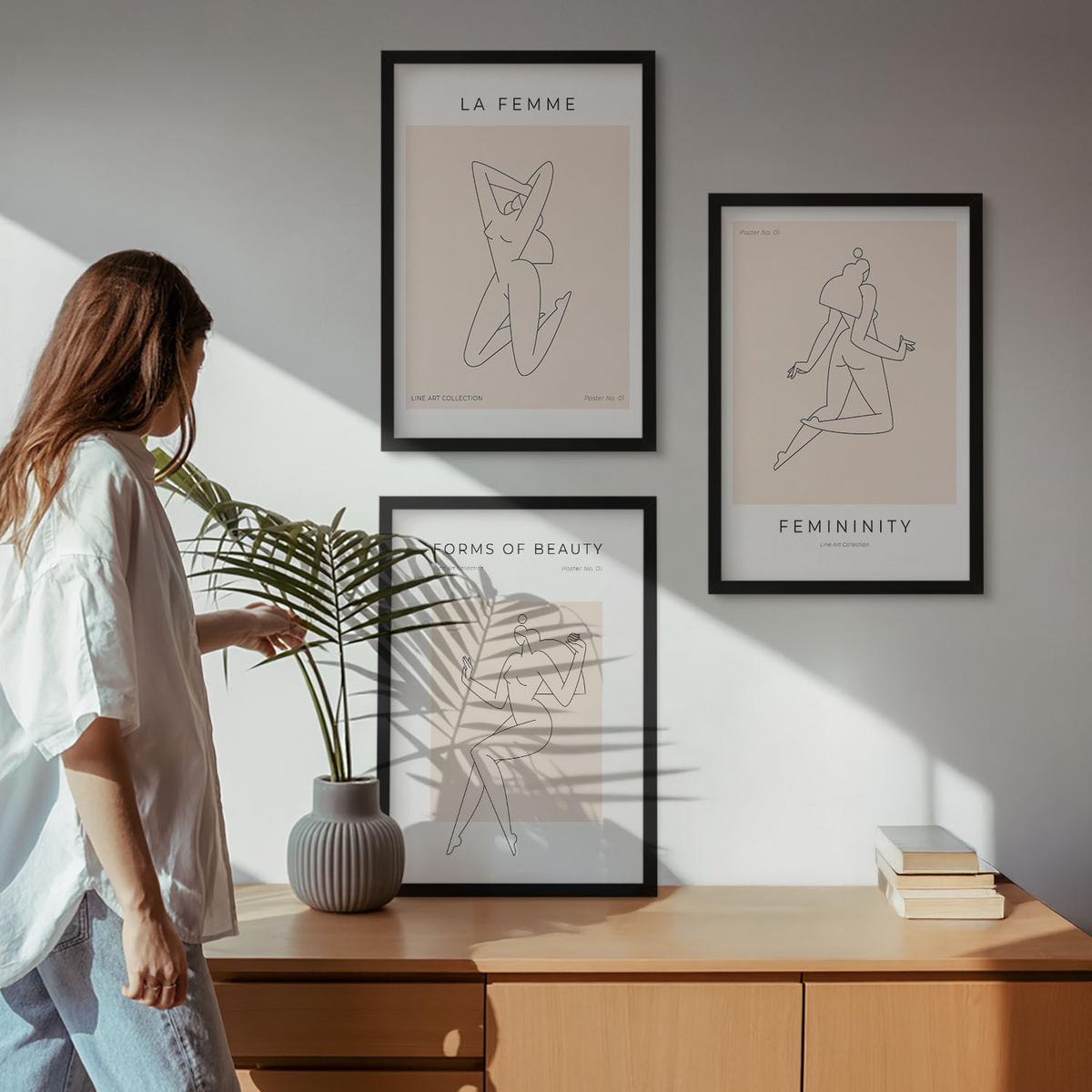 BILDER SET 3er Set - 40x60 cm Schwarzer Rahmen - Poster mit minimalistischen Frauensilhouetten - Schwarz, Kunststoff (40/60cm) - TULUP