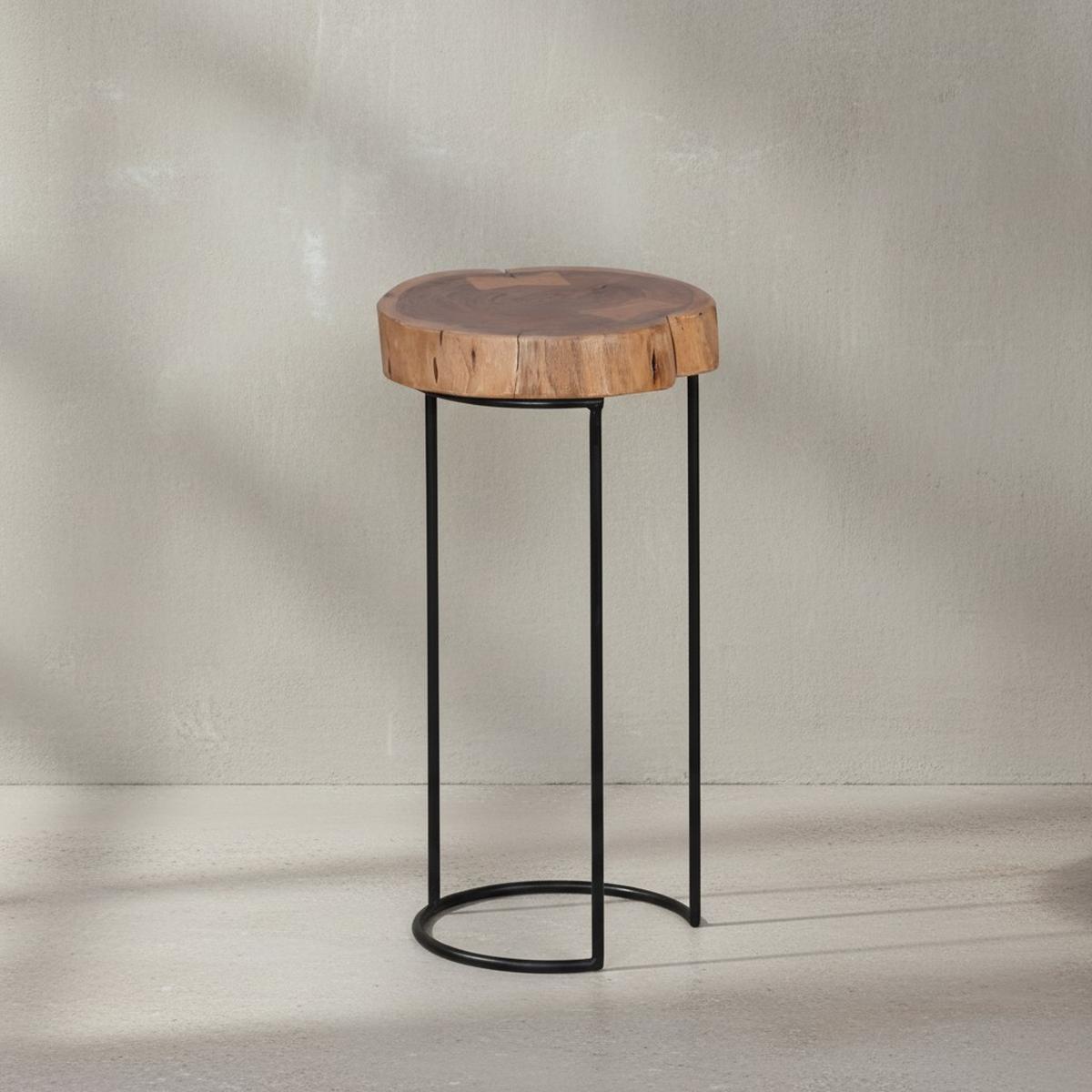 BEISTELLTISCH Massivholz Metallgestell Baumstammplatte Landhausstil INDI, Beige 28x28x55 cm - Beige/Schwarz, Holz/Metall (28/28/55cm) - KADIMA DESIGN