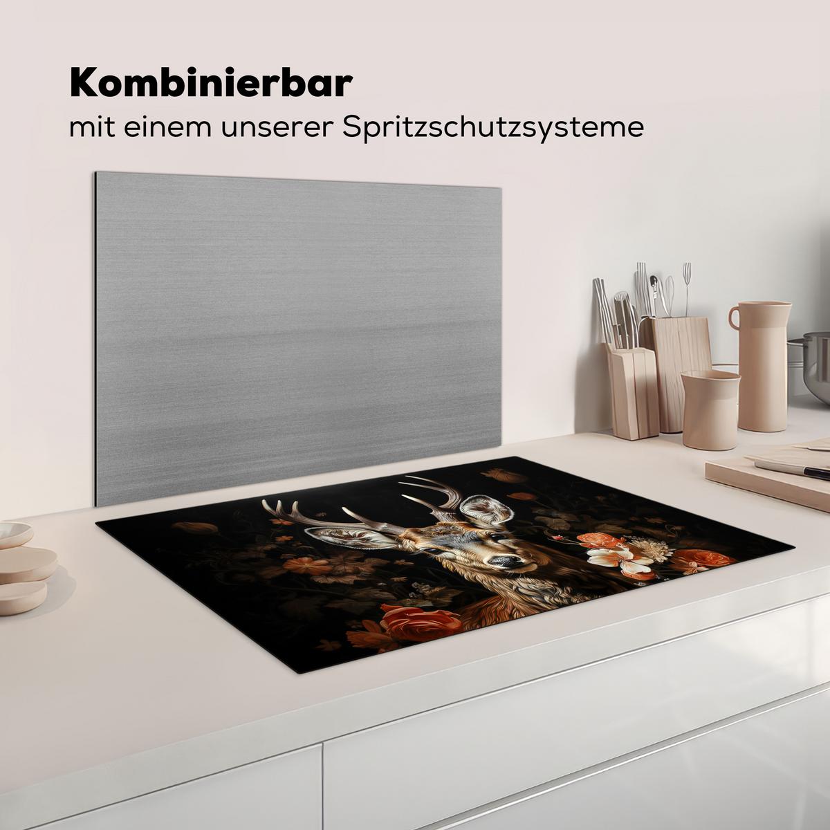 HERDABDECKPLATTE Hirsch - Tier - Blumen - Natur - Botanisch Induktionsschutz 80x52.2 cm - Kupferfarben, Kunststoff (80.2/52.2/0.2cm) - MuchoWow