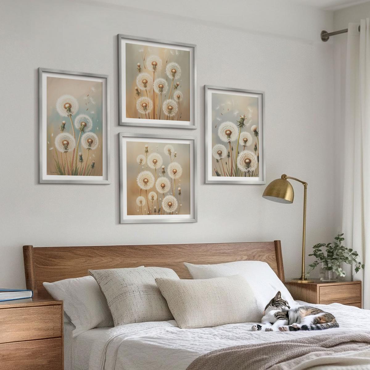 BILDER SET 4er Set - 50x50 cm & 40x60 cm Silberner Rahmen - Pastellfarbene Löwenzahnblüten - Silberfarben, Kunststoff (50/50cm) - TULUP