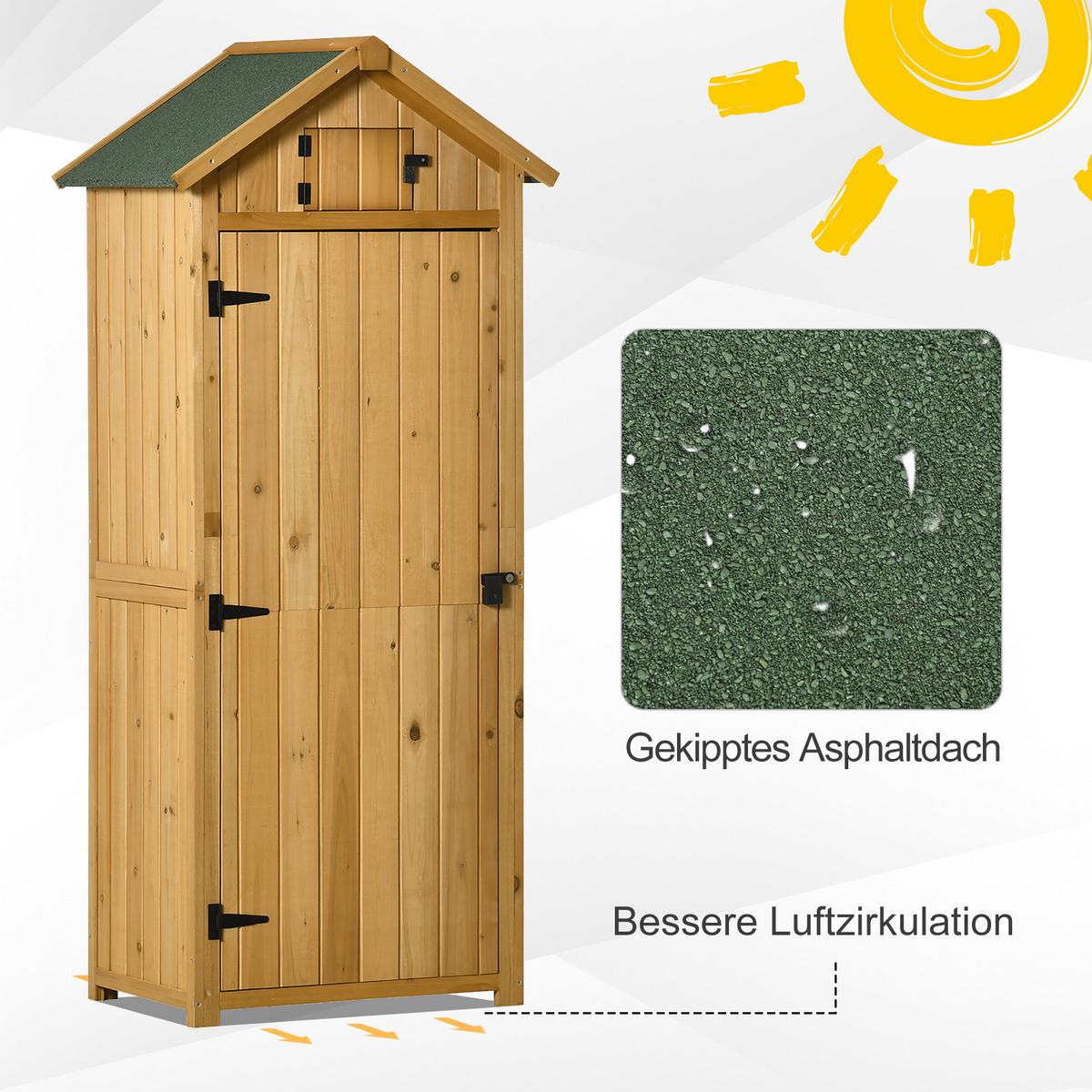 GARTENSCHRANK Geräteschuppen, mit Fachböden, Asphaltdach, Fenster, Holz, Gelb+Grün - Braun, Holz (54.2/179/77cm) - Outsunny