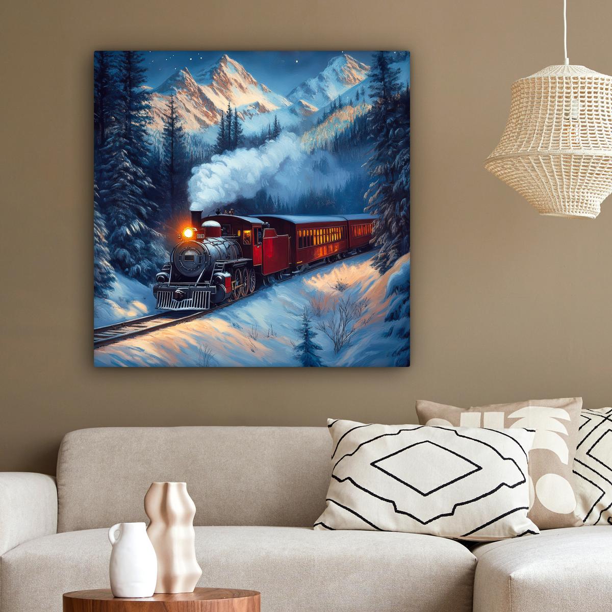 LEINWANDBILD Zug - Weihnachten - Schnee - Weihnachtszug Deko Groß 90x90 cm - Anthrazit, Textil (90/90cm) - MuchoWow