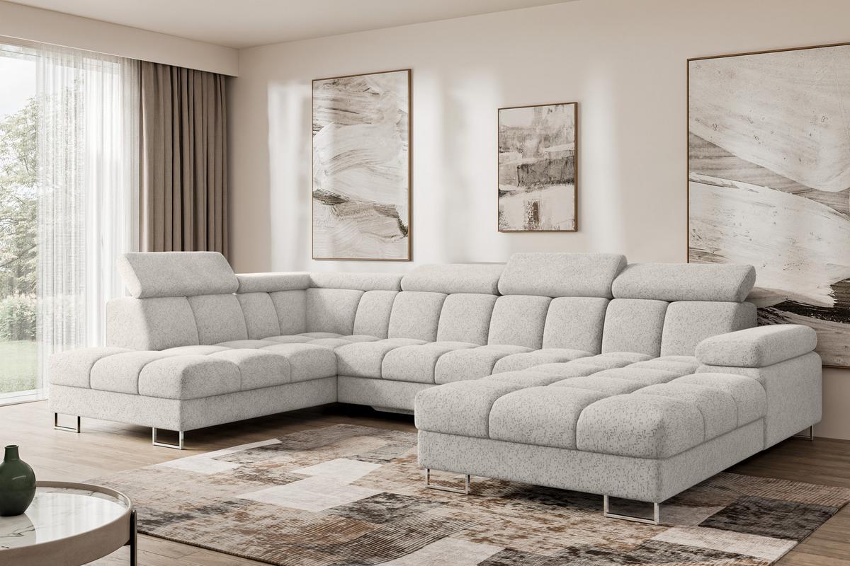 WOHNLANDSCHAFT mit Schlaffunktion und Bettkasten Ottomane Links COMA U 345x203x79 Hellgrau Velours - Hellgrau, Holzwerkstoff/Textil (345/79/203cm) - ALTDECOR