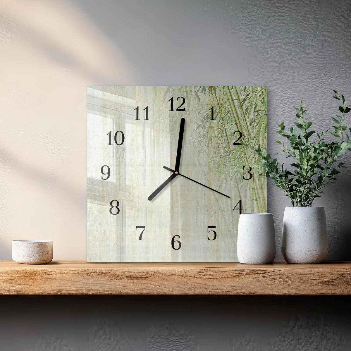 WANDUHR aus Glas 30x30 cm - Bambuspflanze - Grün, Glas (30/30/0.4cm) - TULUP