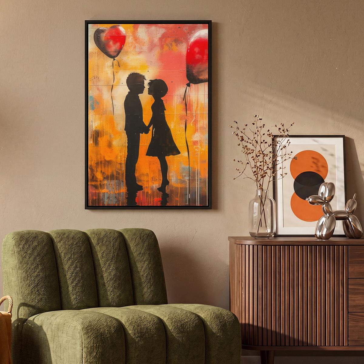 LEINWAND Bilder mit Rahmen - Straßenkunst - Liebe - Graffiti - Kunst - Banksy - 60x90 - Orange, Textil (60/90cm) - MuchoWow