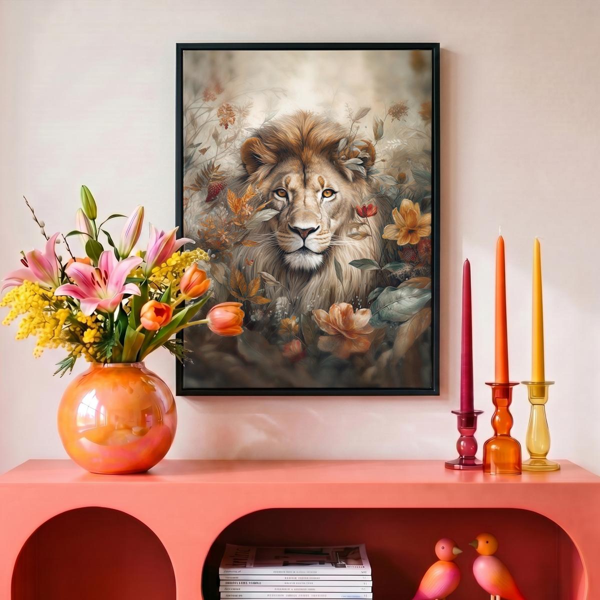 LEINWAND Bilder mit Rahmen - Löwe - Wildtiere - Pflanzen - Natur - Blumen - 30x40 - Beige, Textil (30/40cm) - MuchoWow