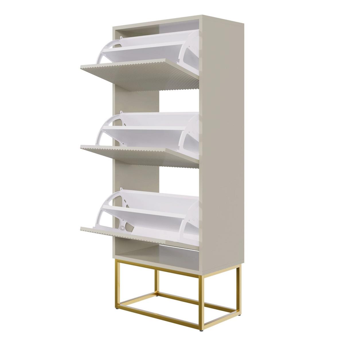 SCHUHSCHRANK Veldio mit 3 Klappen Greige mit goldenem Metallgestell 50 cm - Taupe/Goldfarben, Holzwerkstoff/Metall (50/125/30cm) - Selsey
