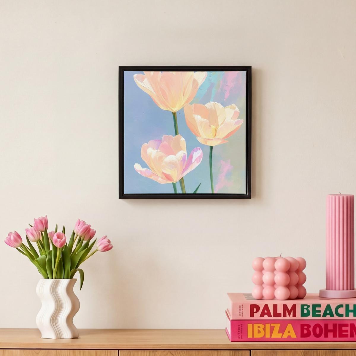 LEINWAND Bilder mit Rahmen - Tulpen - Rosa Akzente - Blau - 20x20 - Pastellblau, Textil (20/20cm) - MuchoWow