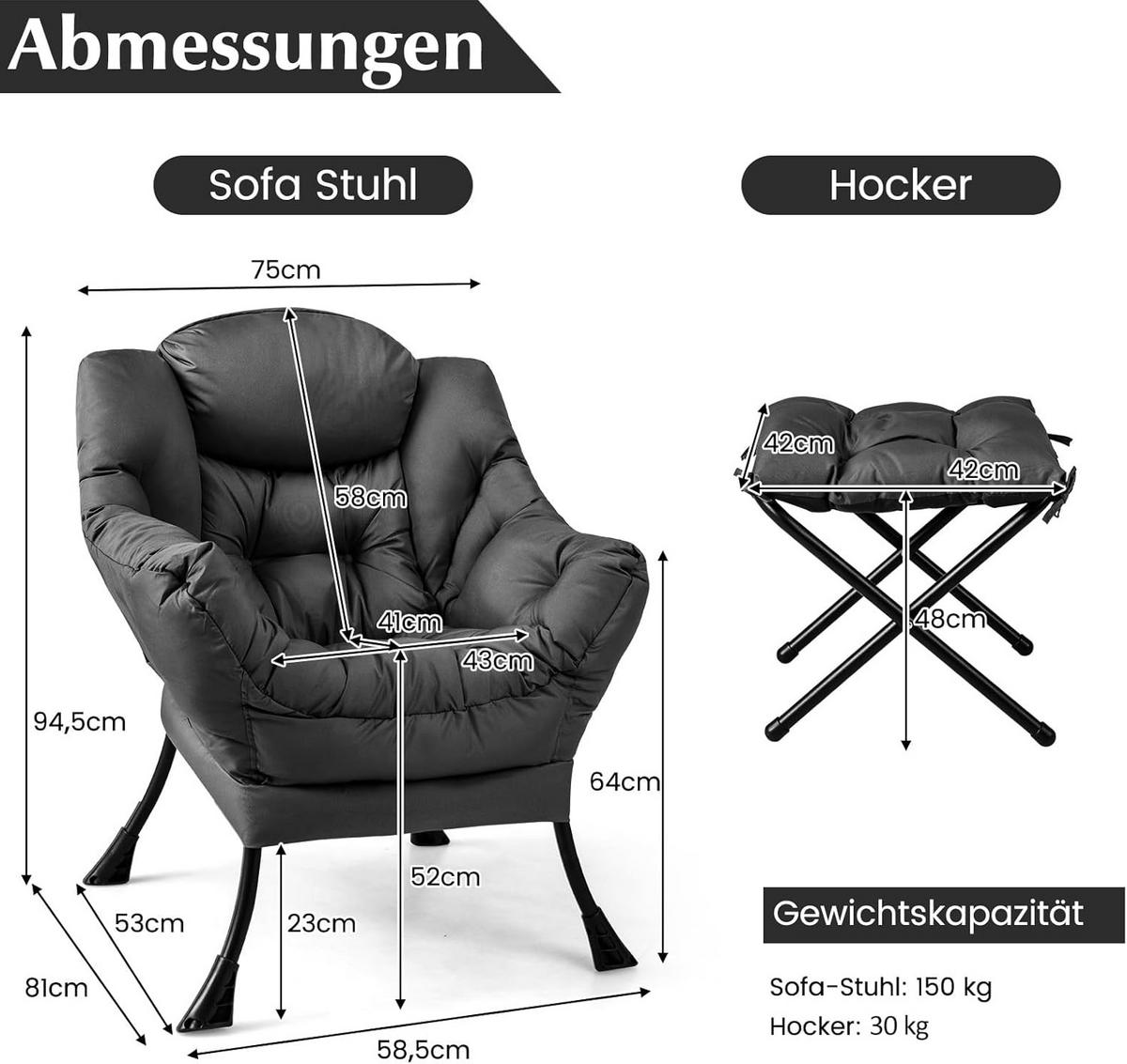 RELAXSESSEL 95cm Grau - Grau, Textil (81/95/75cm) - COSTWAY