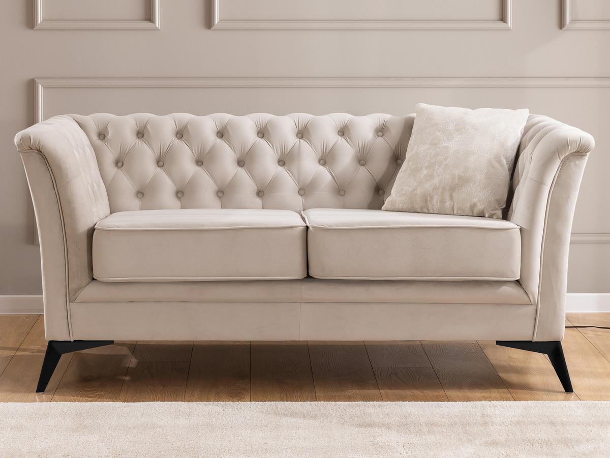 CHESTERFIELD-SOFA 2-sitzer Whitby Beige Samt mit schwarzen Füßen - Beige/Schwarz, Holz/Textil (175/78/82cm) - S-Style Möbel