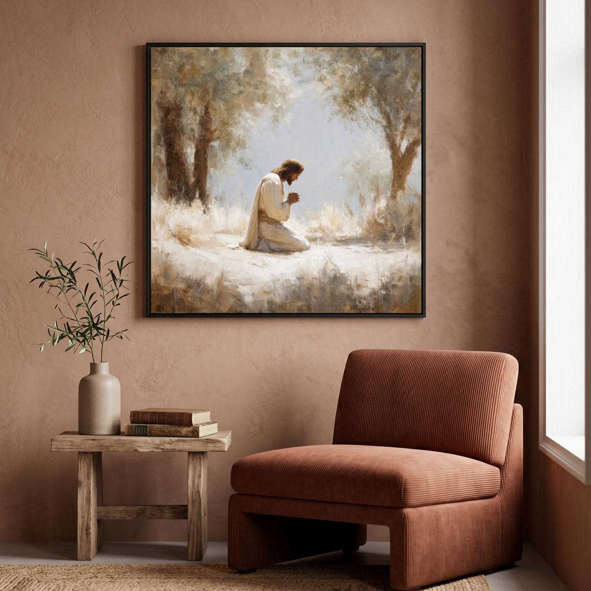 LEINWAND Bilder mit Rahmen - Jesus - Kniend - Waldlandschaft - Betend - 90x90 - Beige, Textil (90/90cm) - MuchoWow