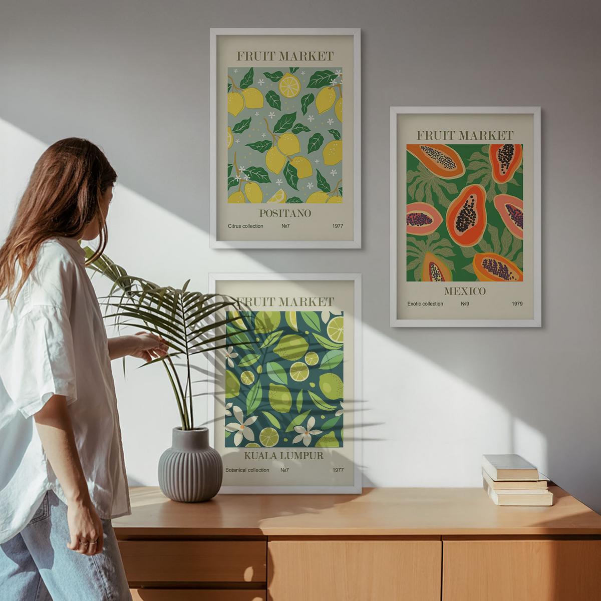 BILDER SET 3er Set - 40x60 cm Weißer Rahmen - Fruchtige Zitronen- und Papayamuster - Weiß, Kunststoff (40/60cm) - TULUP