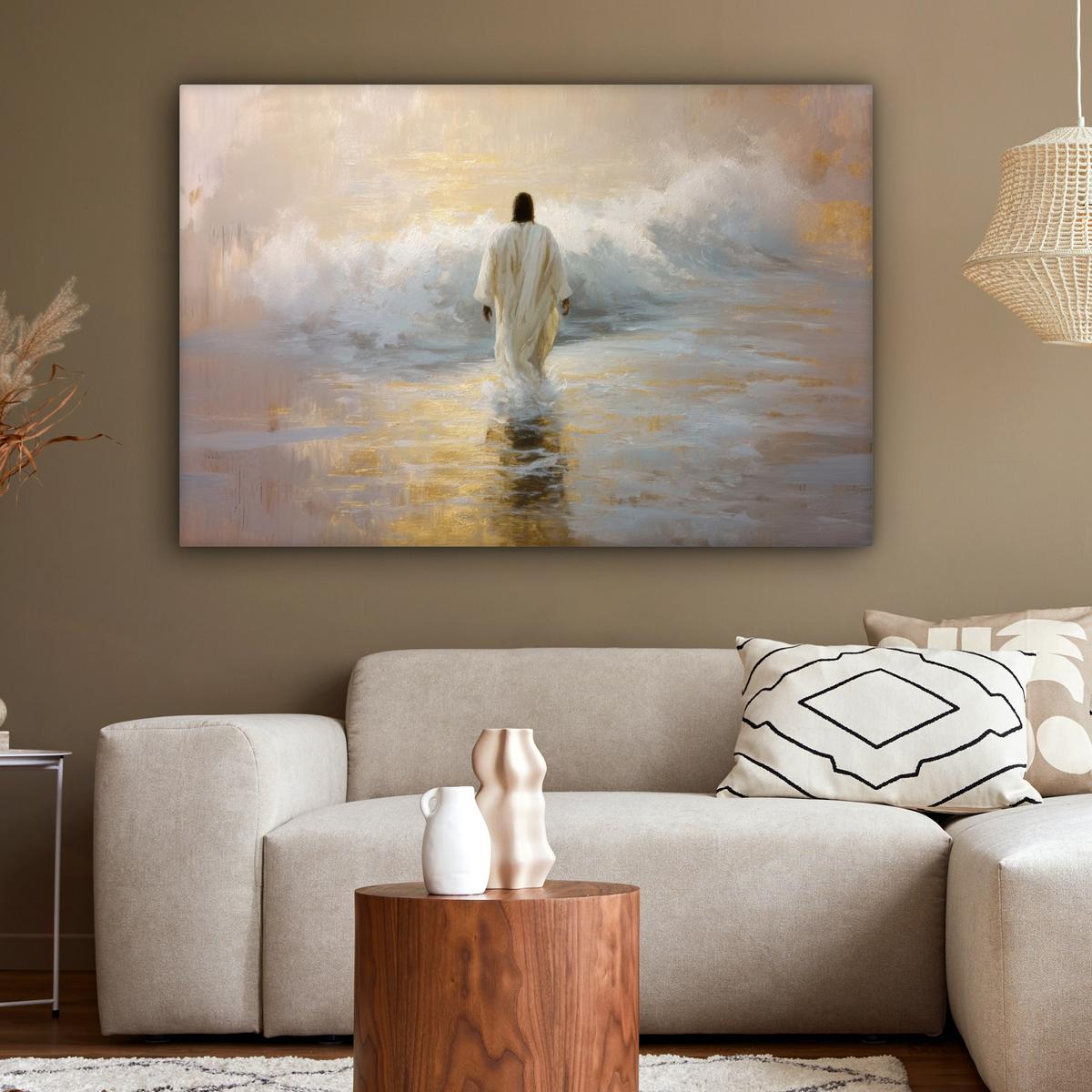 LEINWANDBILD Gemälde - Welle - Jesus - Abstrakt Wohnzimmer Groß 120x80 cm - Goldfarben, Textil (120/80cm) - MuchoWow