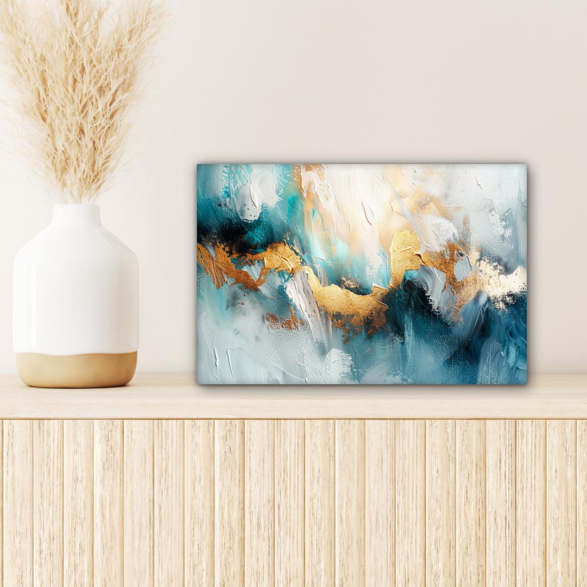 LEINWANDBILD Abstrakt - Kunst - Gold - Blau Deko Schlafzimmer 30x20 cm - Petrol, Textil (30/20cm) - MuchoWow
