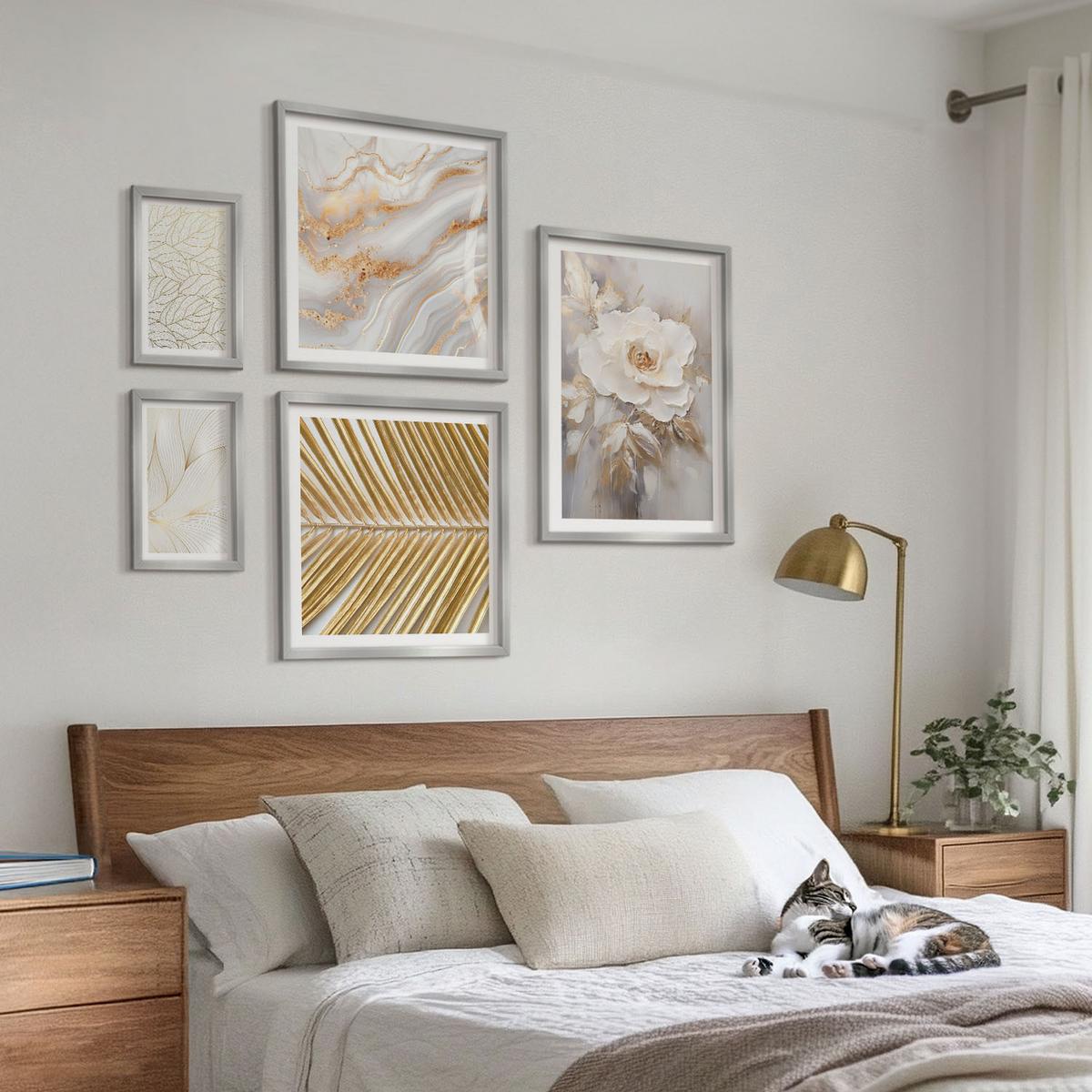 BILDER SET 5er Set - 50x50 cm & 20x30 cm & 40x60 cm Silberner Rahmen - Abstrakte Katzenmalereien - Silberfarben, Kunststoff (40/60cm) - TULUP