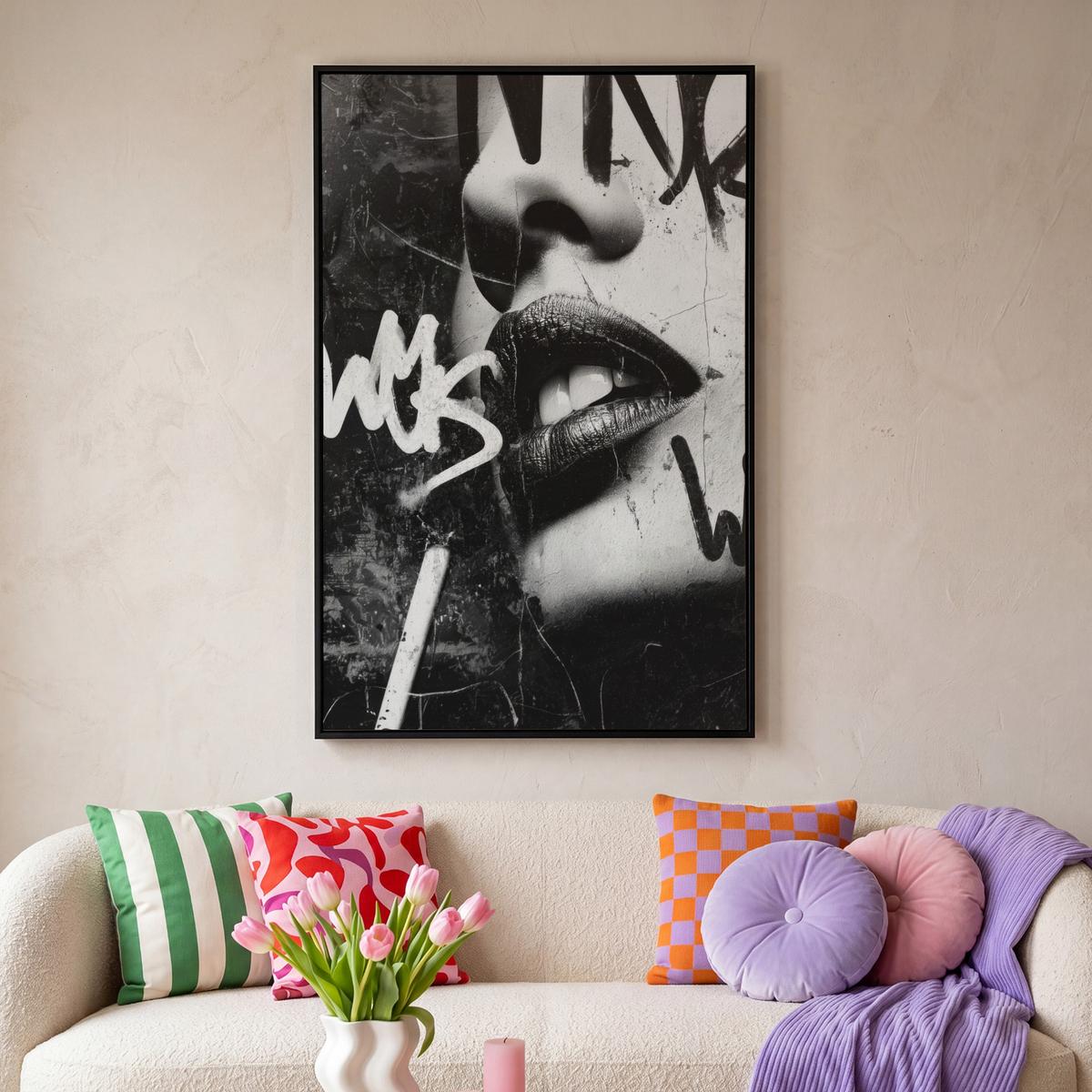 LEINWAND Bilder mit Rahmen - Gesicht - Mund - Graffiti - Schwarz - 90x140 - Schwarz, Textil (90/140cm) - MuchoWow