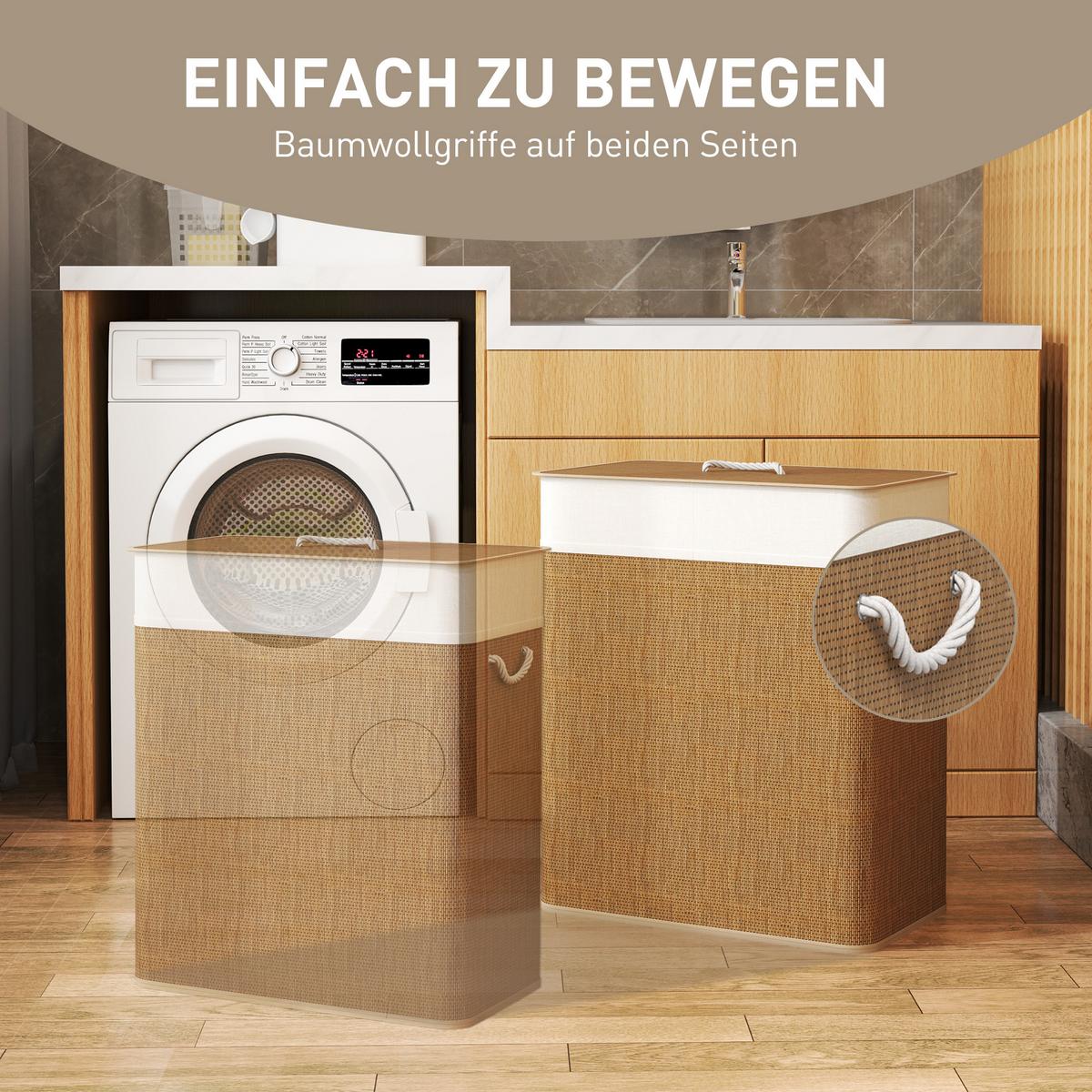 BAMBUS Wäschekorb mit Deckel 2 Fächer 100 L Wäschesammler mit Seilgriffen - Braun, Naturmaterialien (32/63/52cm) - HOMCOM