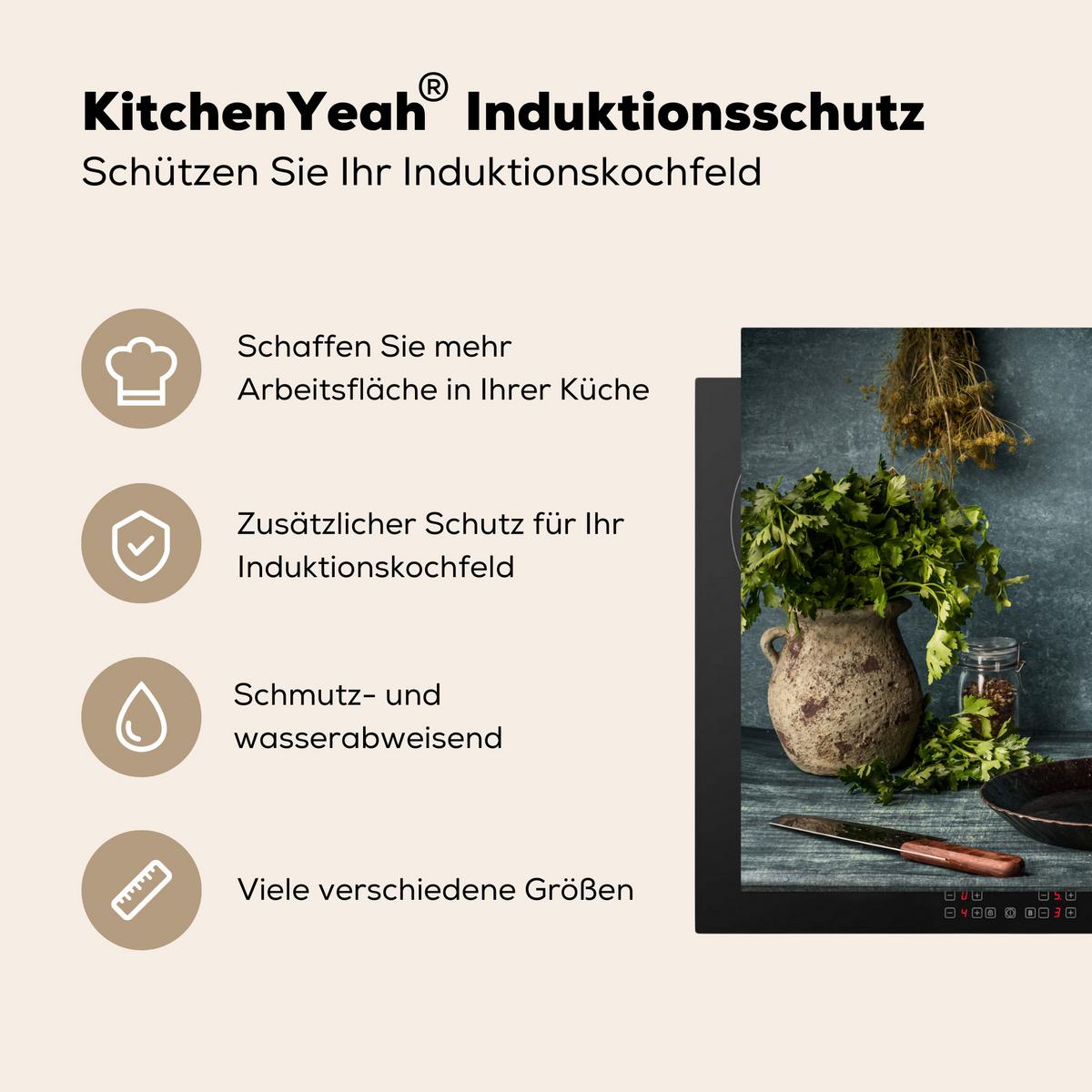 HERDABDECKPLATTE Kräuter - Gewürze - Pfanne - Messer - Grau - Rustikal Herdabdeckung Induktionsfeld 70x52 cm - Petrol, Kunststoff (70/52/0.2cm) - MuchoWow