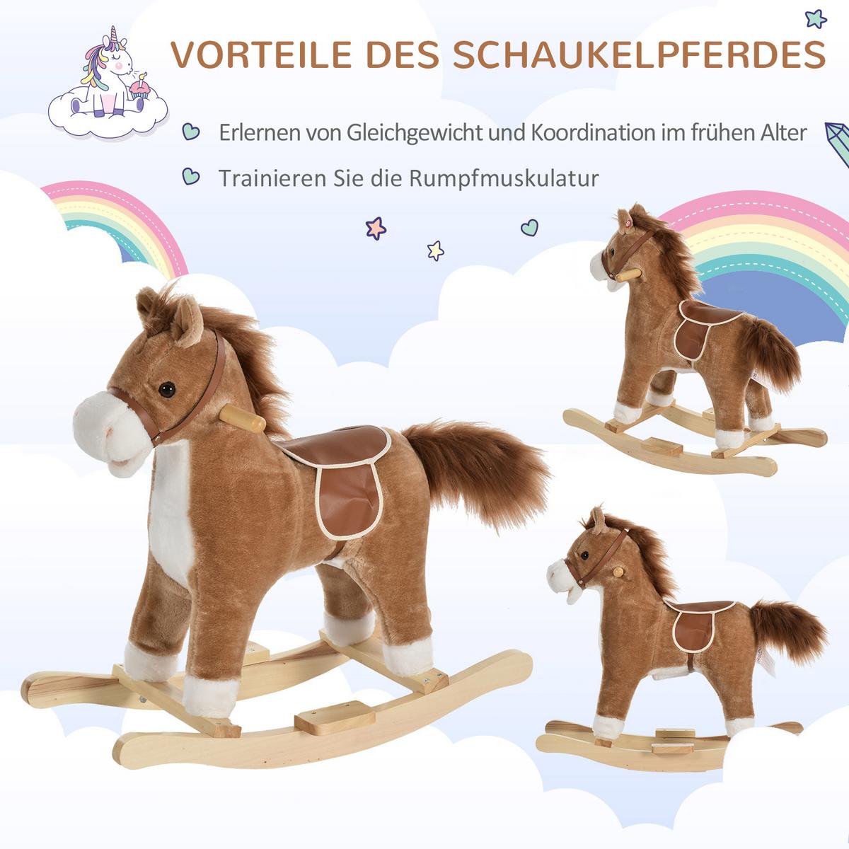 KINDER SCHAUKELTIER, Braun/Rosa, Plüsch+ Holz - Braun, Holz (32.5/61/65cm) - HOMCOM