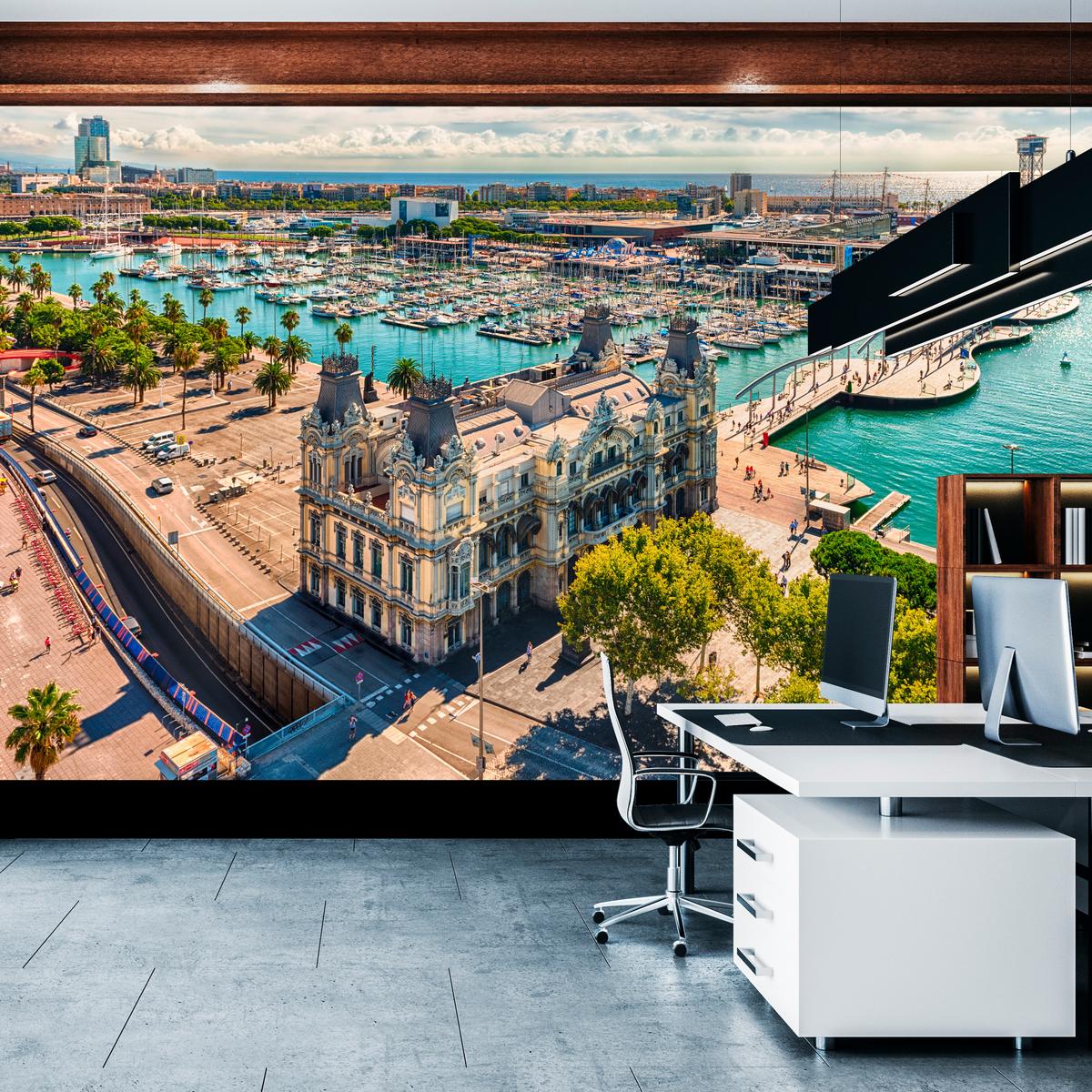 FOTOTAPETE für Wohnzimmer Barcelona Hafen Boote Denkmäler 100x70 - Türkis/Beige, Papier (100/70cm) - Muralo