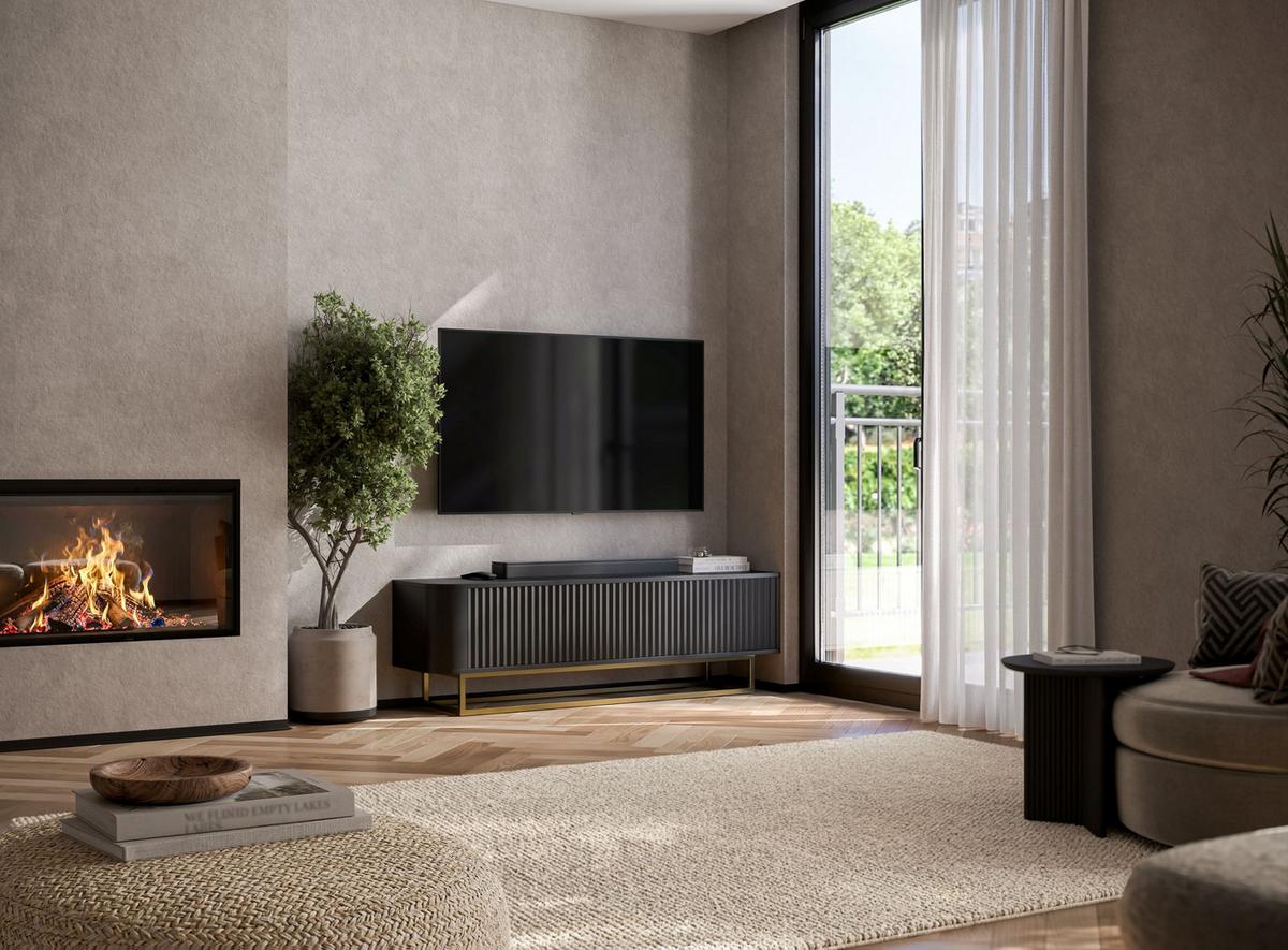 TV-LOWBOARD Aurora Schwarz matt 140 cm mit goldenem Metallrahmen - Schwarz, Holzwerkstoff/Metall (140/44/35cm) - Meble Lindner