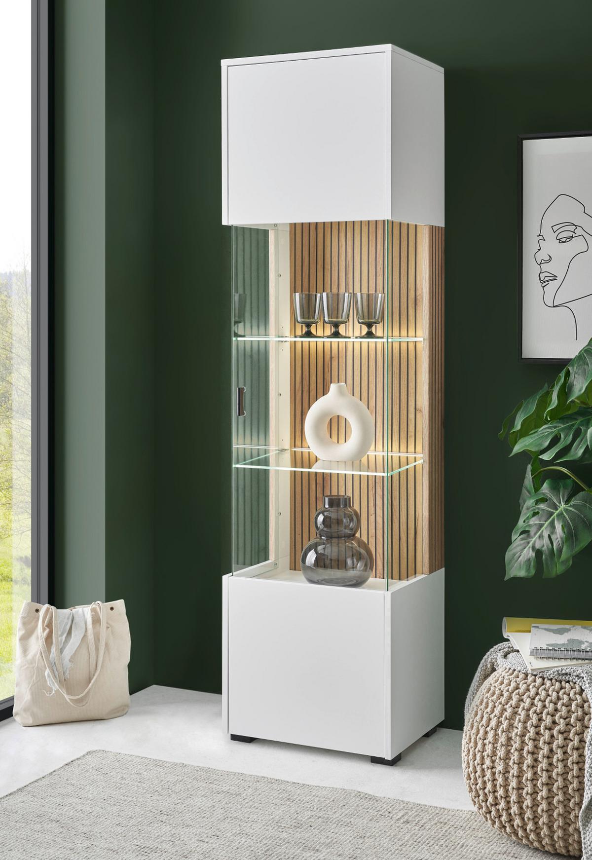 VITRINE weiß matt, Eiche 48 x 180 cm, Glasvitrine mit 5 Fächern und Soft-Close - Eichefarben/Schwarz, Glas/Holzwerkstoff (48/180/38cm) - Furn.Design