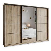 SCHWEBETÜRENSCHRANK VARO 250/205/60 cm 3-türig mit Spiegel und Schubladen Sonoma Eiche - Schwarz/Sonoma Eiche, Holzwerkstoff (250/205/60cm) - MASSENO