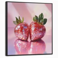 LEINWAND Bilder mit Rahmen - Disco - Obst - Glitzer - Erdbeere - 90x90 - Pink, Textil (90/90cm) - MuchoWow