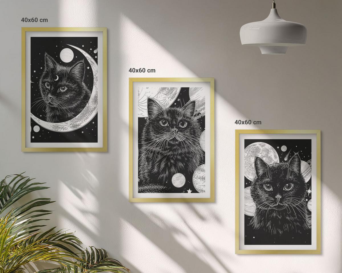 BILDER SET 3er Set - 40x60 cm Goldrahmen - Schwarze Katzen, Mond, Weltraum - Goldfarben, Kunststoff (40/60cm) - TULUP