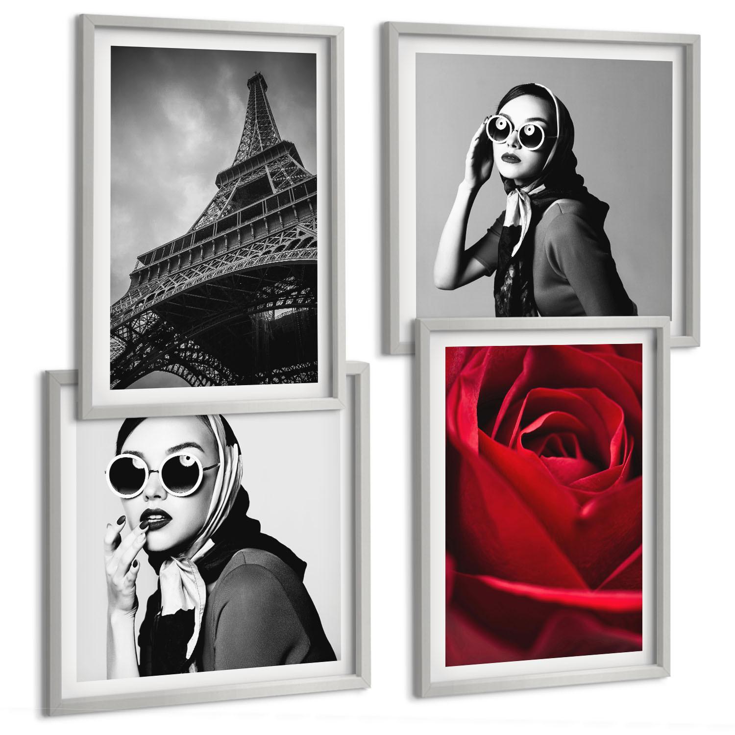 BILDER SET 4er Set - 50x50 cm & 40x60 cm Silberner Rahmen - Pariserin mit Eiffelturmbrille - Silberfarben, Kunststoff (50/50cm) - TULUP
