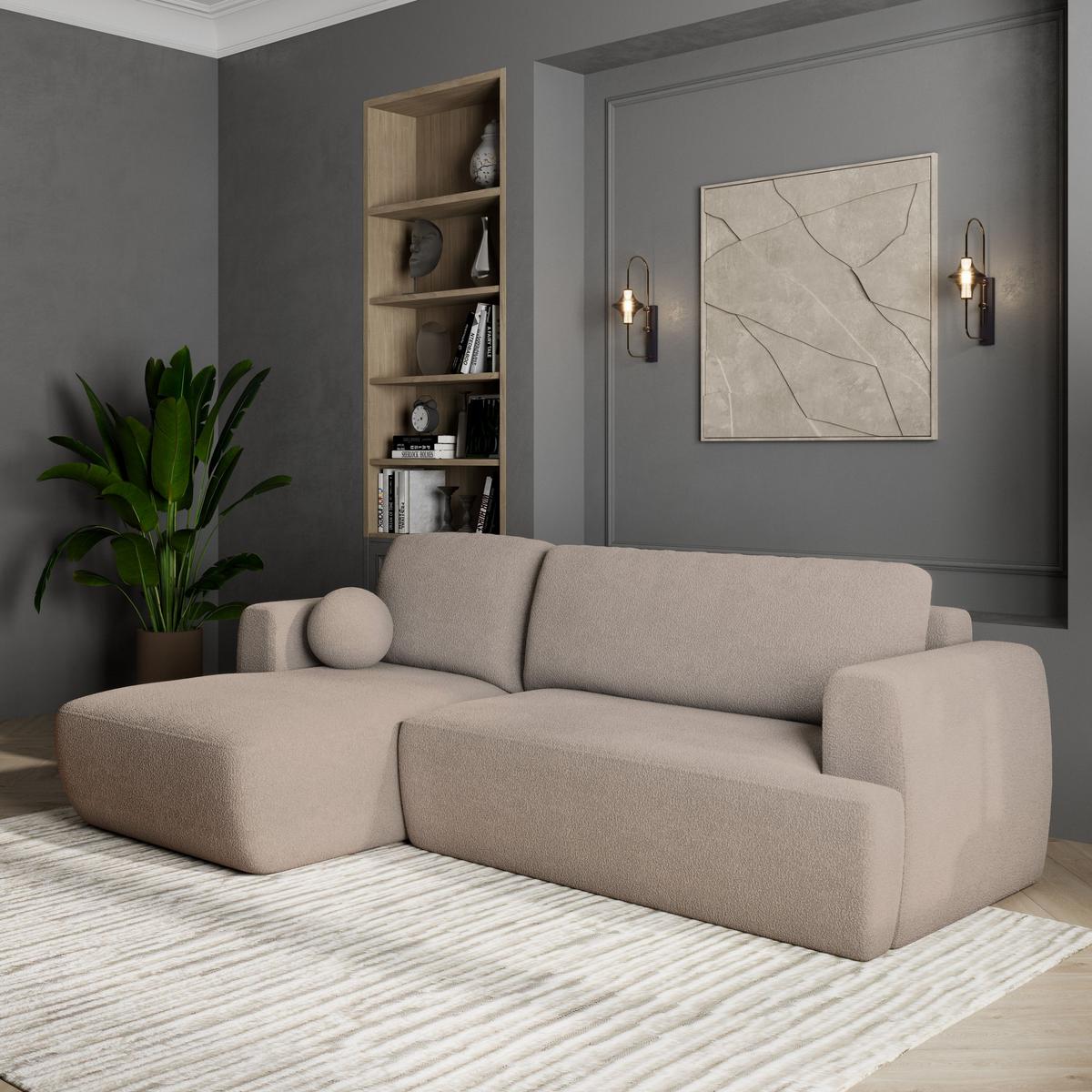 ECKSOFA SENTI N L-S Beige Boucle-Stoff mit Schlaffunktion - Beige/Schwarz, Holz/Kunststoff (246/148cm) - MASSENO