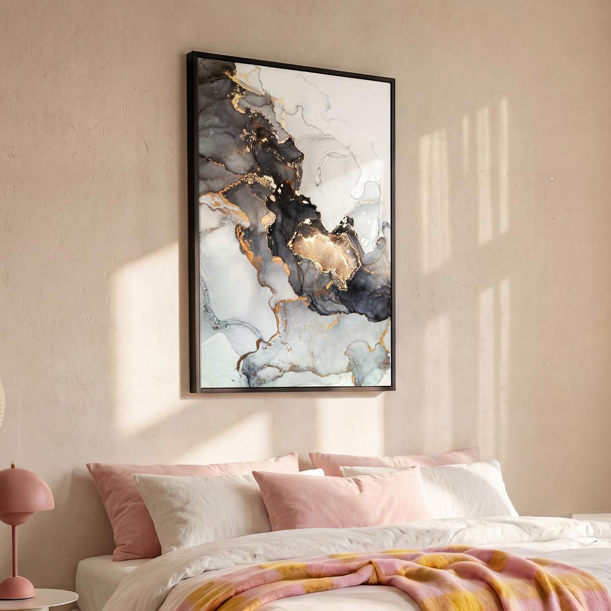 LEINWAND Bilder mit Rahmen - Marmor - Schwarz - Weiß - Gold - Luxus - Abstrakt - 100x150 - Goldfarben, Textil (100/150cm) - MuchoWow