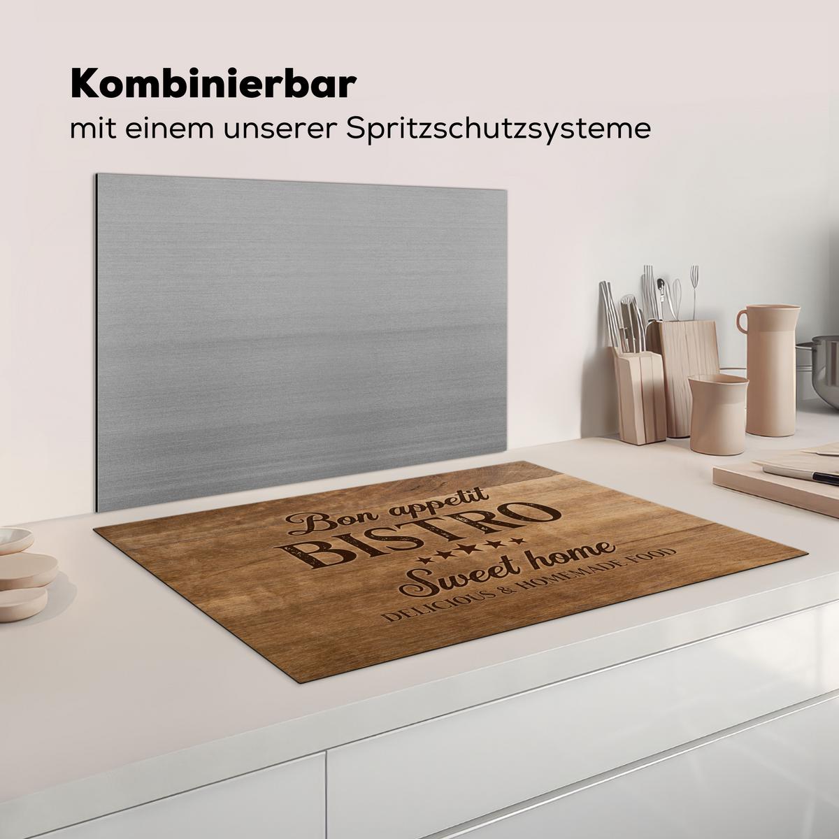 HERDABDECKPLATTE Zitat - Bistro - Guten Appetit - Süßes Zuhause - Holzmaserung Induktionsschutz 81.6x52.7 cm - Braun, Kunststoff (81.6/52.7/0.2cm) - MuchoWow