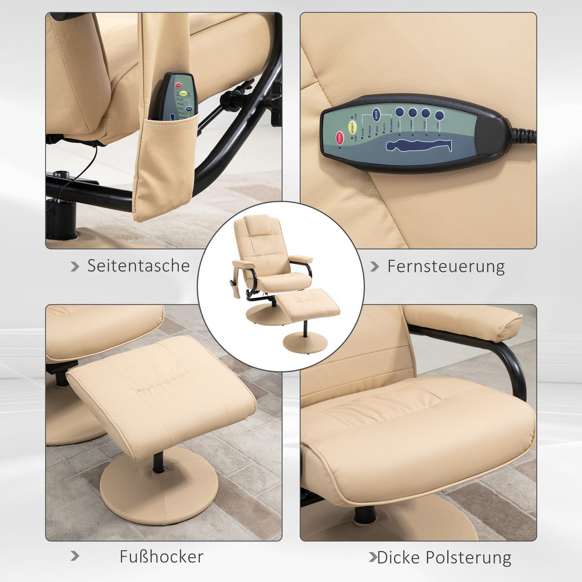 MASSAGESESSEL mit Hocker, Relaxsessel mit Liegefunktion, Massagefunktion, Creme - Creme/Schwarz, Leder/Kunststoff (84/95/77cm) - HOMCOM