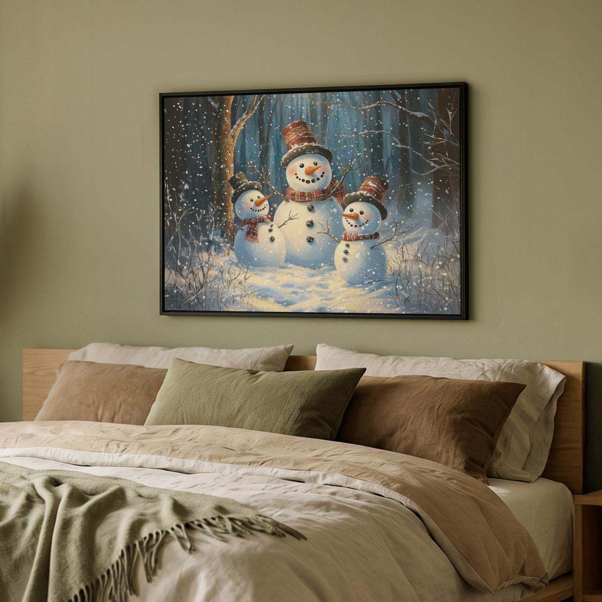 LEINWAND Bilder mit Rahmen - Schneemann - Schnee - Winter - Wald - 80x60 - Hellblau, Textil (80/60cm) - MuchoWow