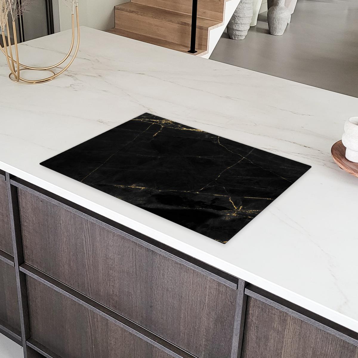 HERDABDECKPLATTE Marmor - Schwarz - Gold - Chic - Marmoroptik - Design Induktionsmatte 77x51 cm - Schwarz, Kunststoff (77/51/0.2cm) - MuchoWow