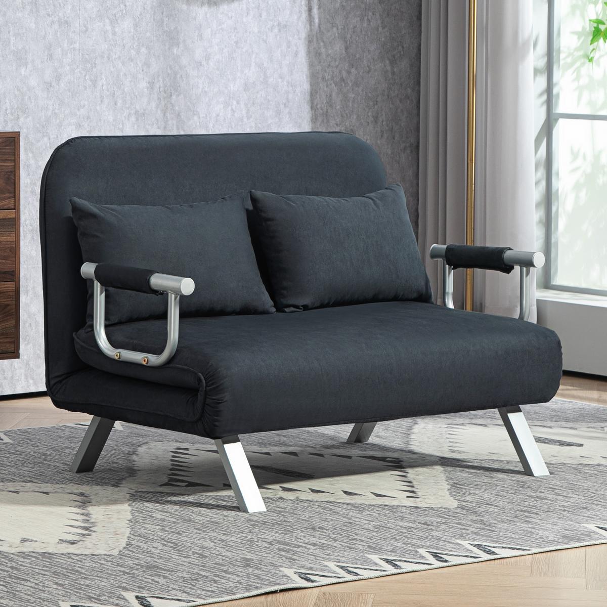 2-SITZER Sofa mit Schlaffunktion, Schlafsofa mit Verstellbarer Rückenlehne - Silberfarben/Schwarz, Textil/Metall (80/78/111cm) - HOMCOM