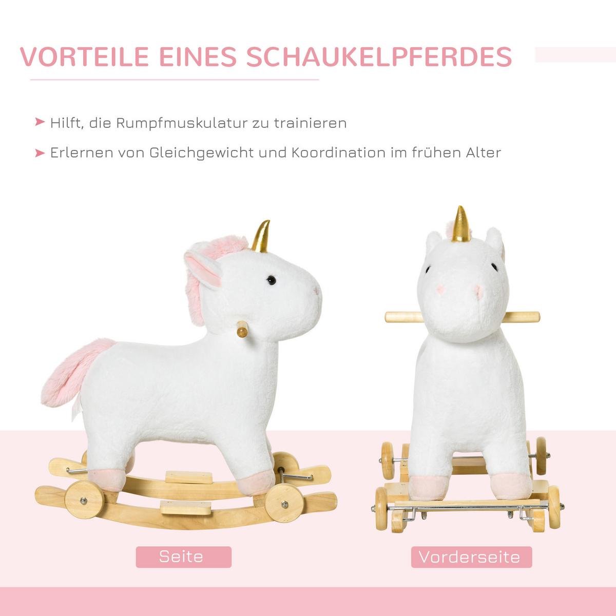 SCHAUKELPFERD 2-IN-1 Schaukeltier Babyschaukel Spielzeug Kinder Einhorn-Design - Weiß, Holz (38/63/63cm) - HOMCOM