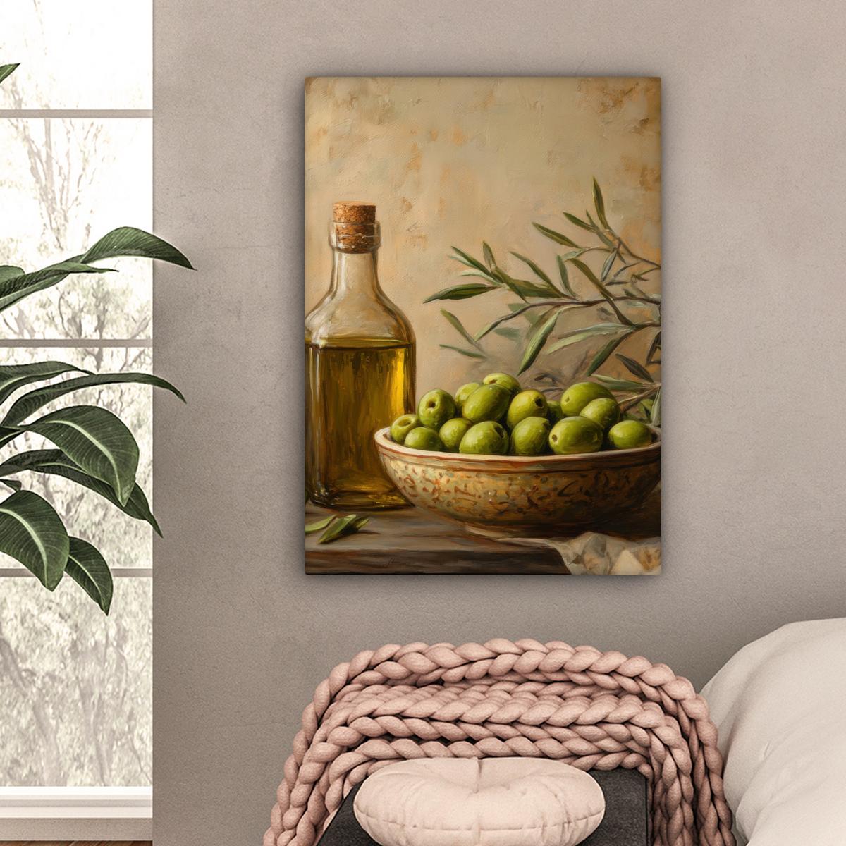 LEINWANDBILD Oliven - Stilleben - Vintage Wandbild Wohnzimmer 60x80 cm - Olivgrün, Textil (60/80cm) - MuchoWow