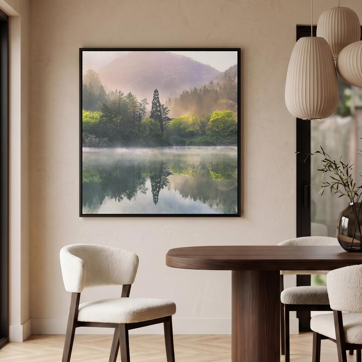 LEINWAND Bilder mit Rahmen - Natur - Bäume - Berge - See - Wasser - 90x90 - Hellgrün, Textil (90/90cm) - MuchoWow