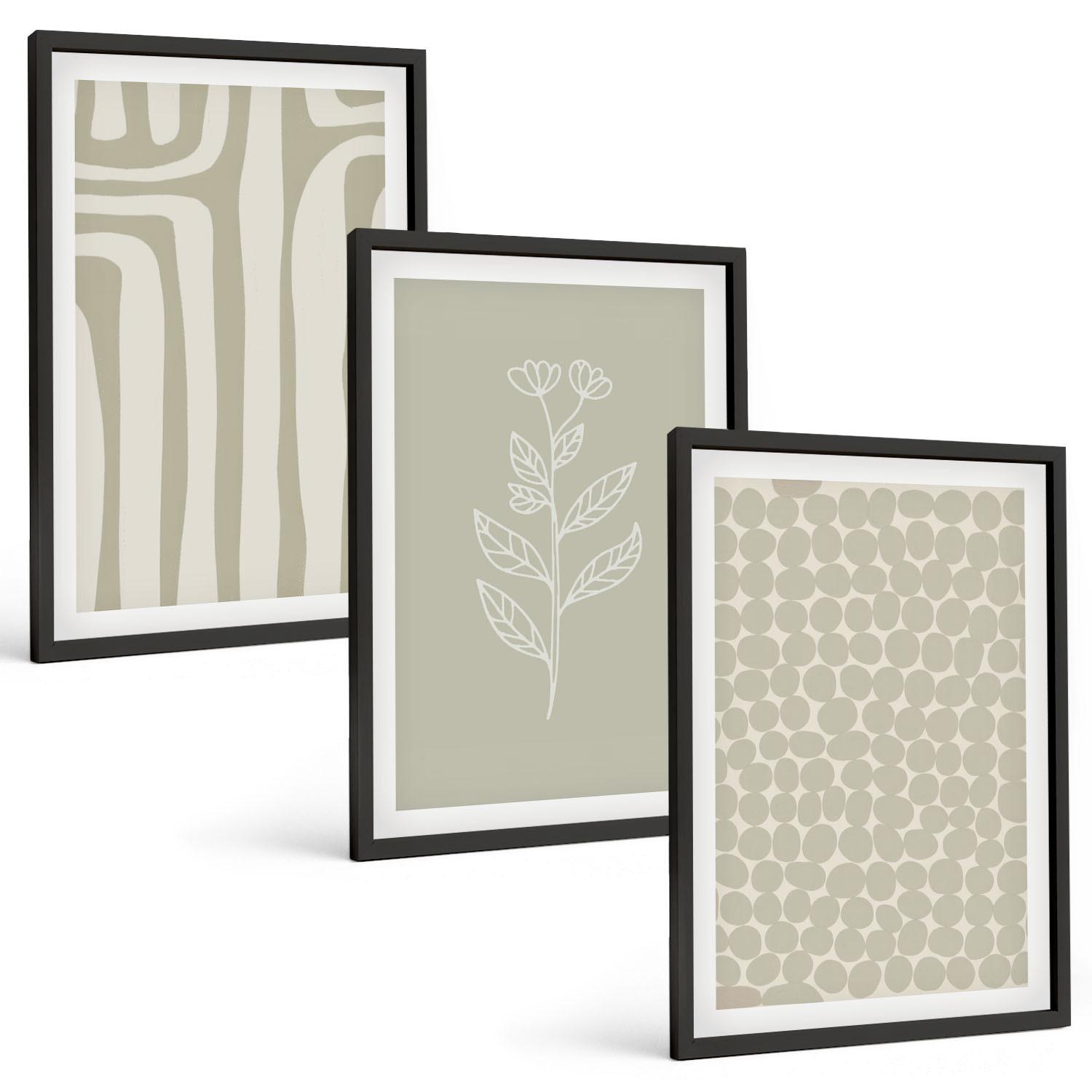 BILDER SET 3er Set - 40x60 cm Schwarzer Rahmen - Geometrische Pflanzenmuster - Schwarz, Kunststoff (40/60cm) - TULUP