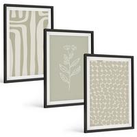 BILDER SET 3er Set - 40x60 cm Schwarzer Rahmen - Geometrische Pflanzenmuster - Schwarz, Kunststoff (40/60cm) - TULUP
