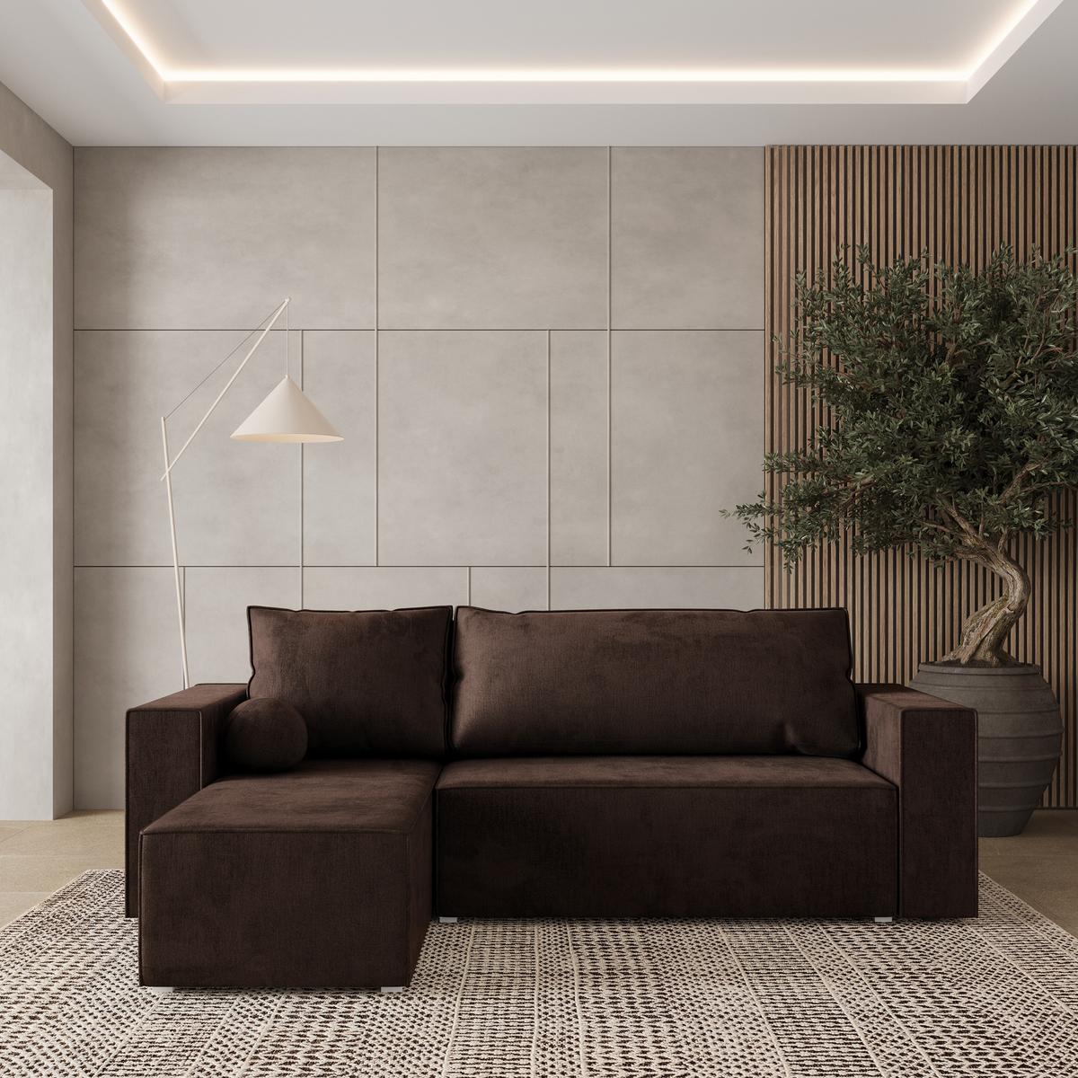 ECKSOFA RAVELO M Braun Velours-Stoff mit Schlaffunktion - Braun/Grau, Holz/Kunststoff (240/140cm) - MASSENO