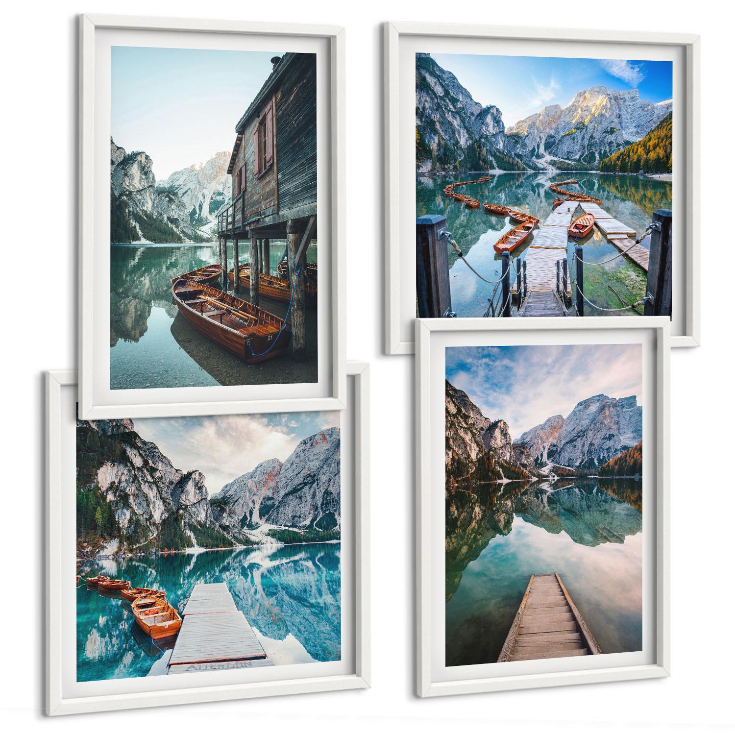 BILDER SET 4er Set - 50x50 cm & 40x60 cm Weißer Rahmen - See Berge Holzboote - Weiß, Kunststoff (50/50cm) - TULUP