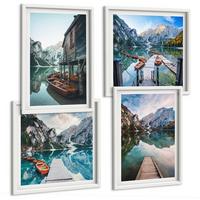 BILDER SET 4er Set - 50x50 cm & 40x60 cm Weißer Rahmen - See Berge Holzboote - Weiß, Kunststoff (50/50cm) - TULUP